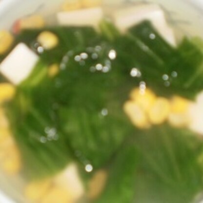 キャベツの代わりにレタスの外の葉を入れてスープにしました。
コーンは市販品ですが豆腐とで美味しかったです(^^♪
